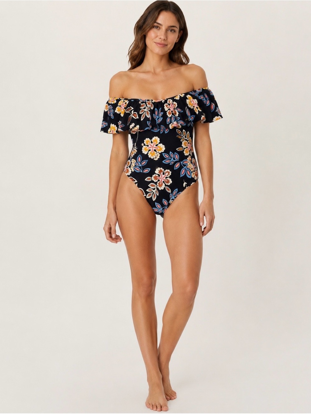 Tory Burch Floral Ruffle One Piece Swimsuit Size M Black Multicolоr